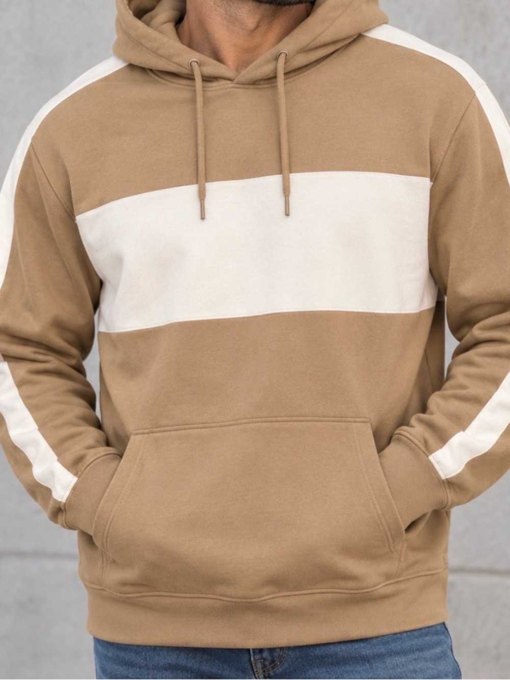 Divided Tan and White Colorblock Pullover Hoodie